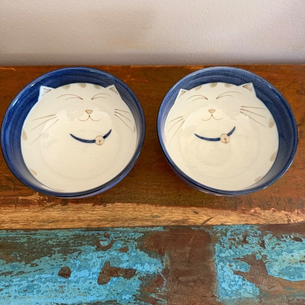 KAFU Japanese Ceramic Fat Cat Rice Bowls Set Blue White Smiling Warai Neko